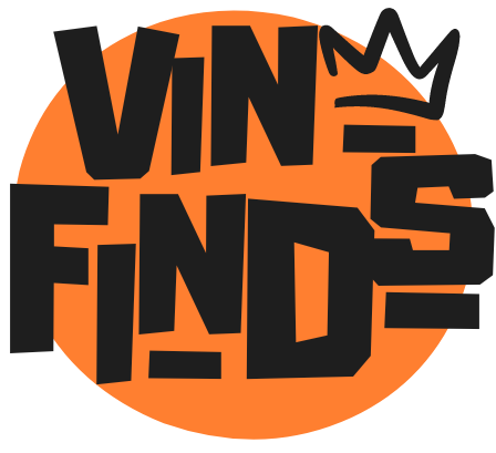 Vin Finds logo with 90's block print, an orange circle background, and a crown on the 'N' in Vin.